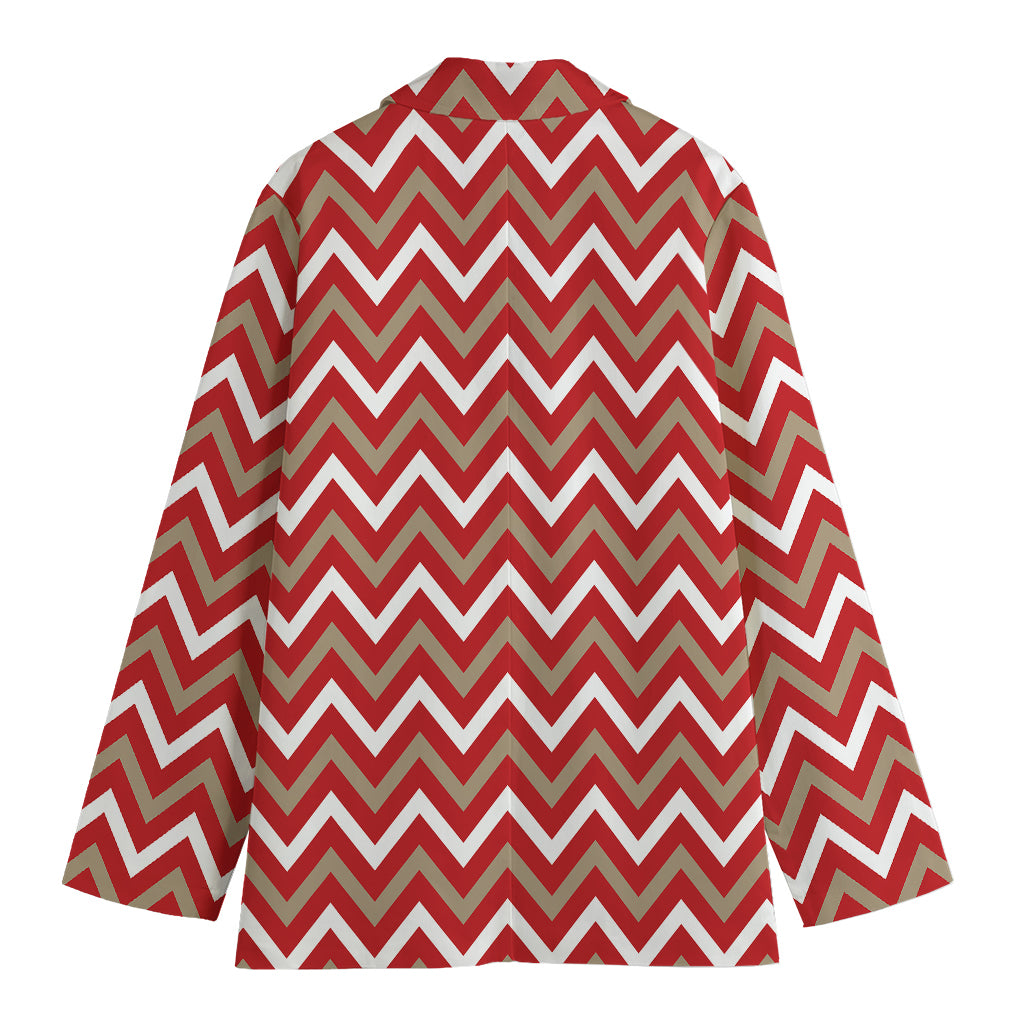 Red Beige And White Chevron Print Women's Cotton Blazer
