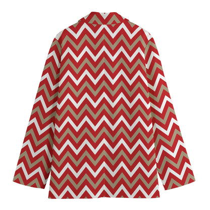 Red Beige And White Chevron Print Women's Cotton Blazer