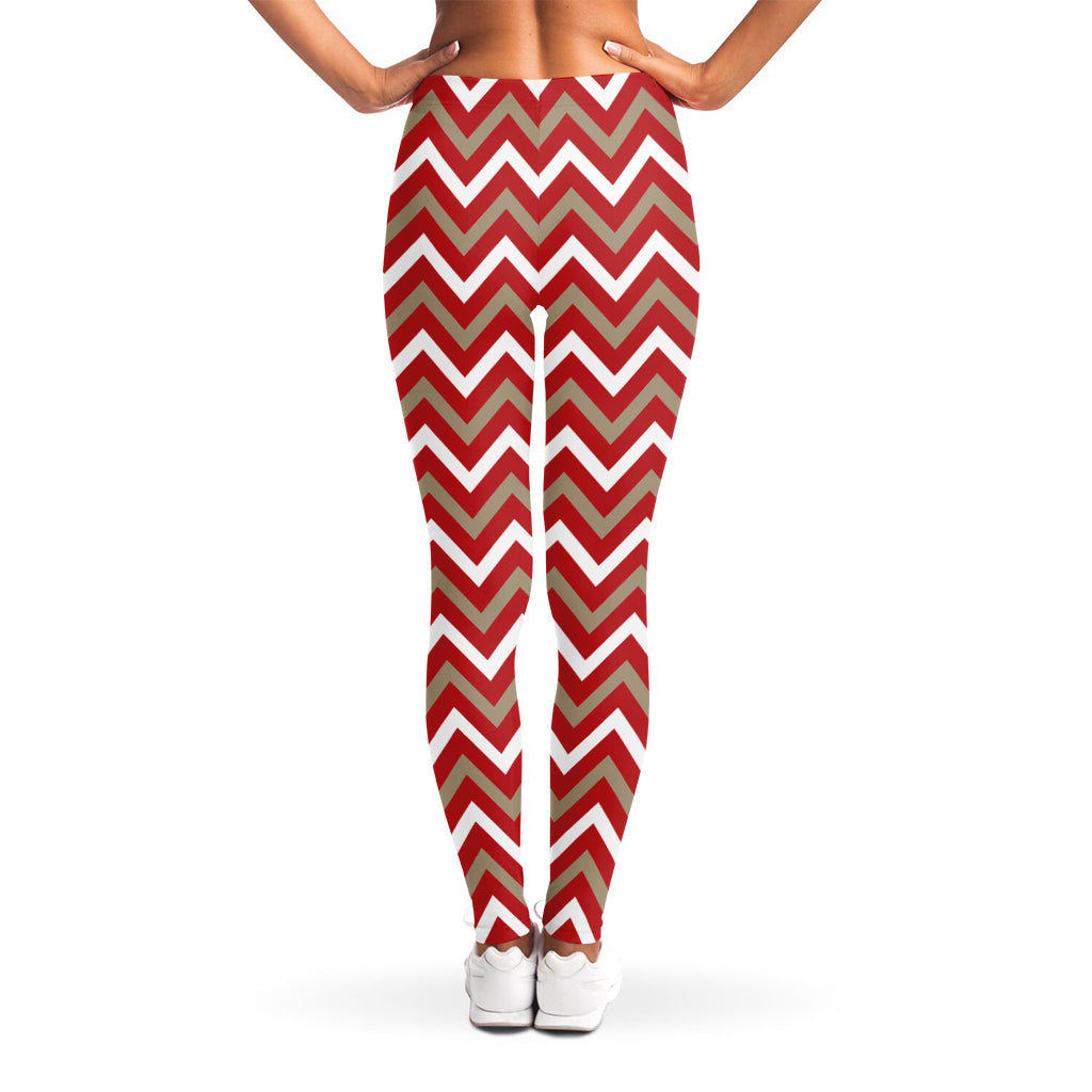 Red Beige And White Chevron Print Women's Leggings