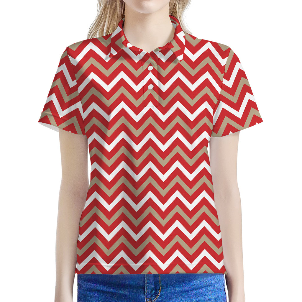 Red Beige And White Chevron Print Women's Polo Shirt