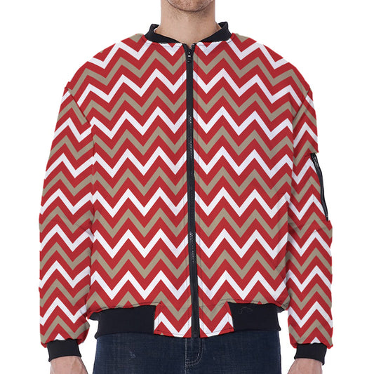 Red Beige And White Chevron Print Zip Sleeve Bomber Jacket