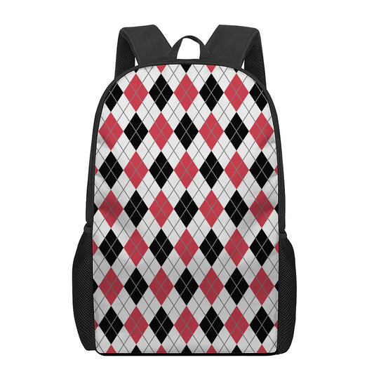 Red Black And White Argyle Pattern Print 17 Inch Backpack