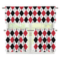 Red Black And White Argyle Pattern Print 3 Piece Kitchen Curtains