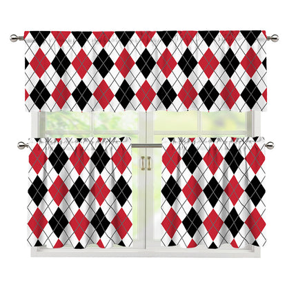 Red Black And White Argyle Pattern Print 3 Piece Kitchen Curtains