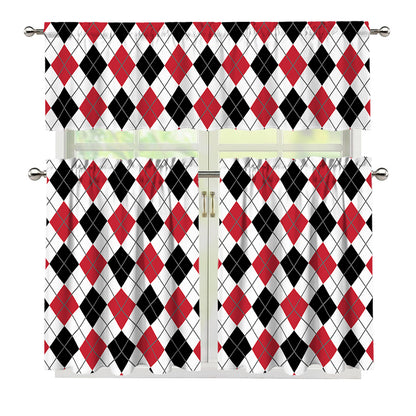 Red Black And White Argyle Pattern Print 3 Piece Kitchen Curtains