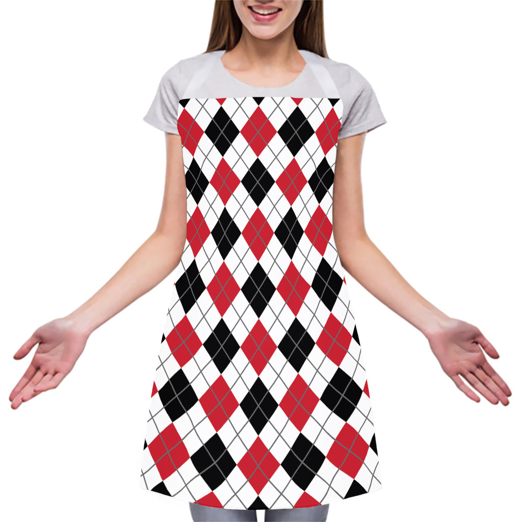 Red Black And White Argyle Pattern Print Adjustable Apron