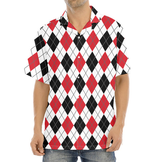 Red Black And White Argyle Pattern Print Aloha Shirt