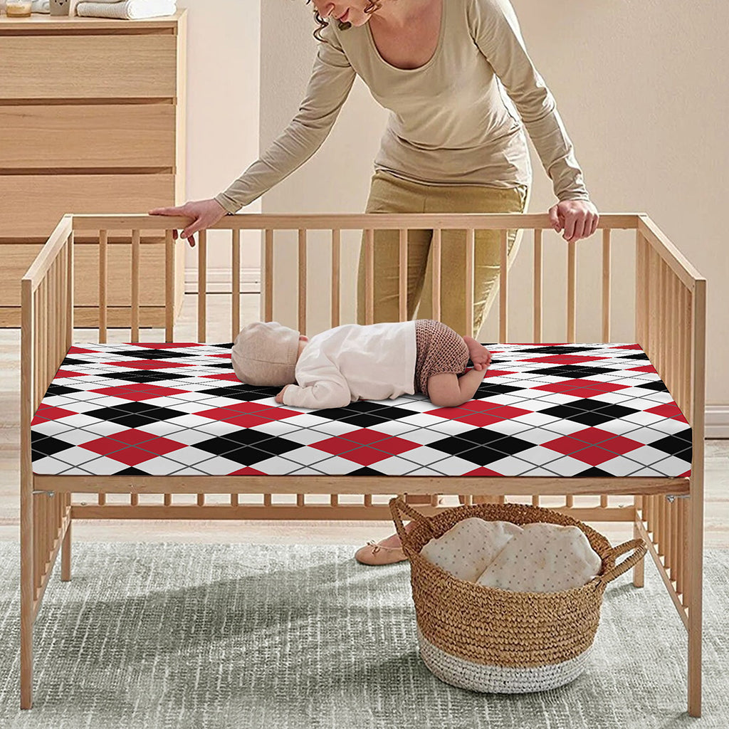 Red Black And White Argyle Pattern Print Baby Crib Sheet