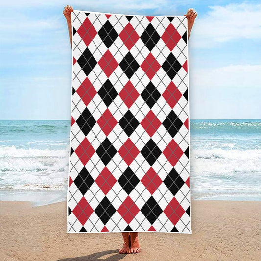 Red Black And White Argyle Pattern Print Beach Towel