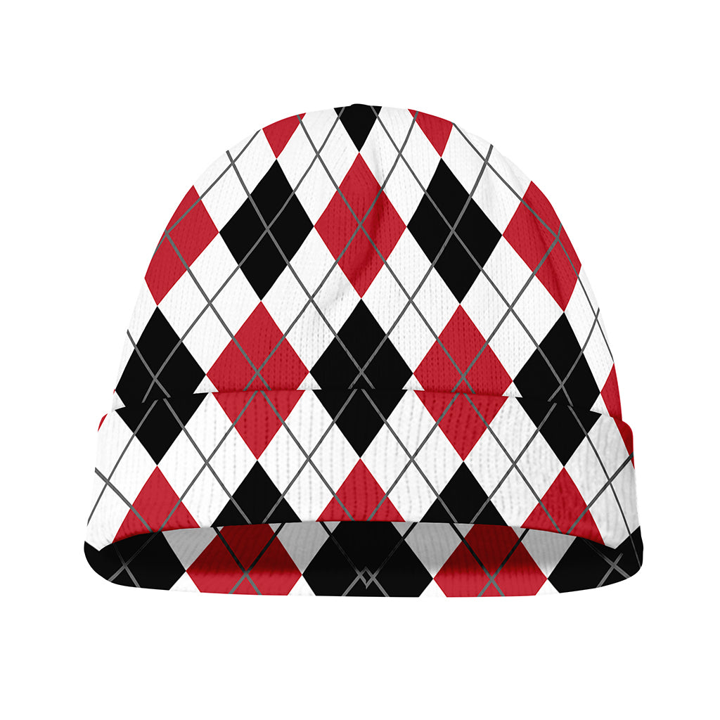 Red Black And White Argyle Pattern Print Beanie