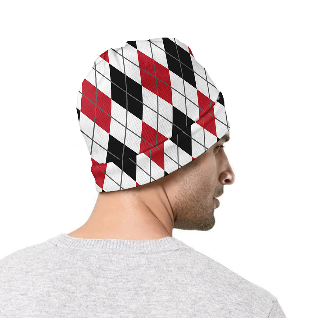 Red Black And White Argyle Pattern Print Beanie
