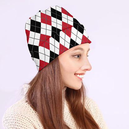 Red Black And White Argyle Pattern Print Beanie