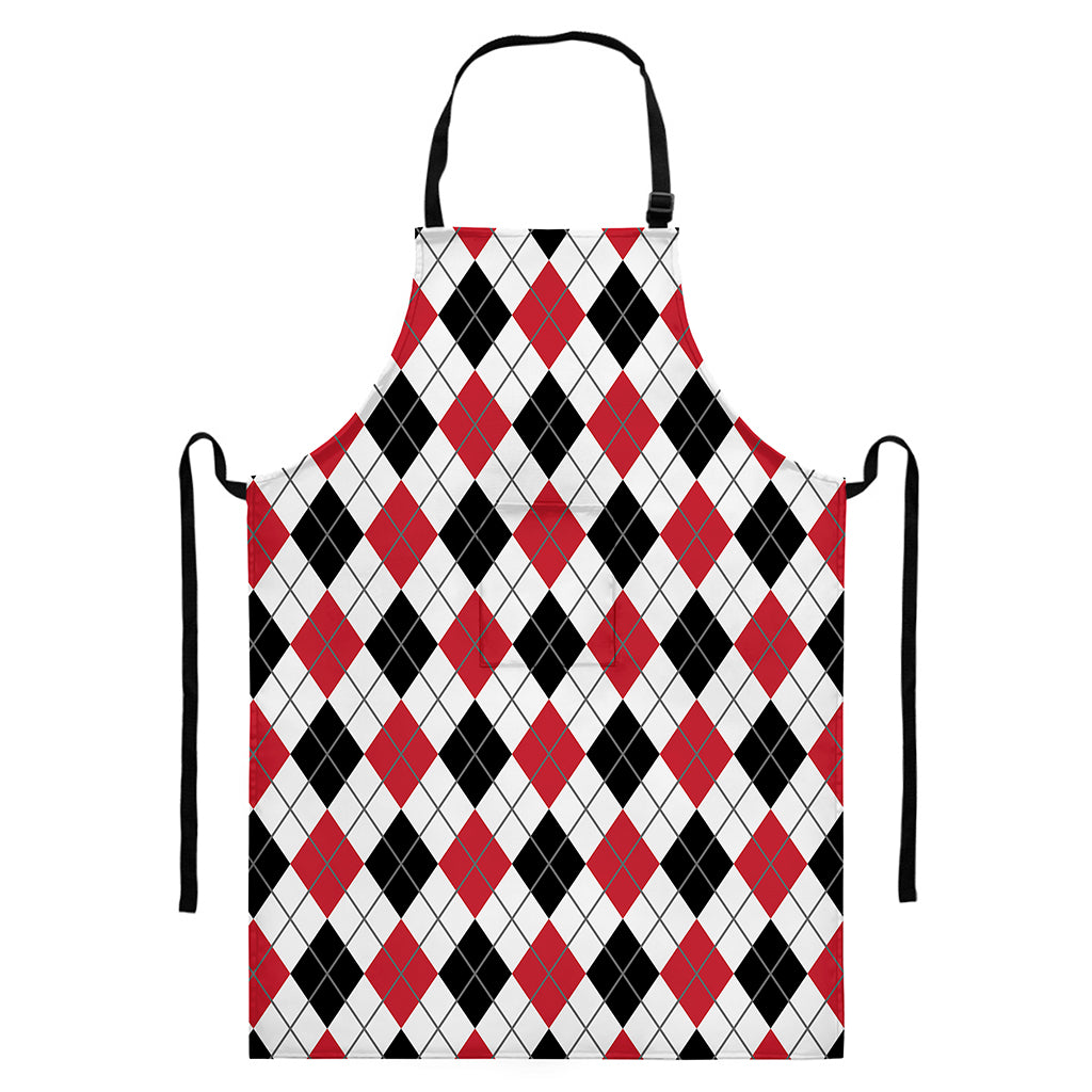 Red Black And White Argyle Pattern Print Bib Apron With Pocket