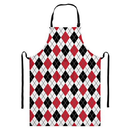 Red Black And White Argyle Pattern Print Bib Apron With Pocket