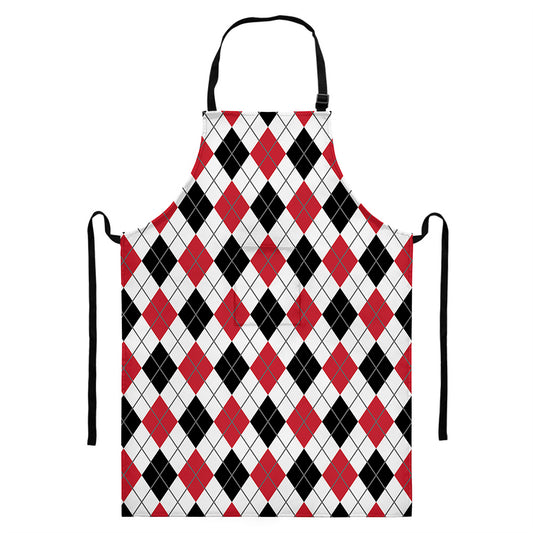 Red Black And White Argyle Pattern Print Bib Apron With Pocket