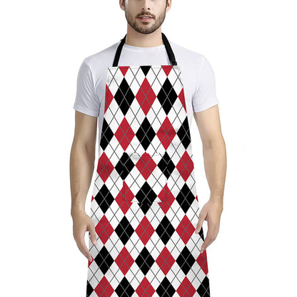 Red Black And White Argyle Pattern Print Bib Apron With Pocket