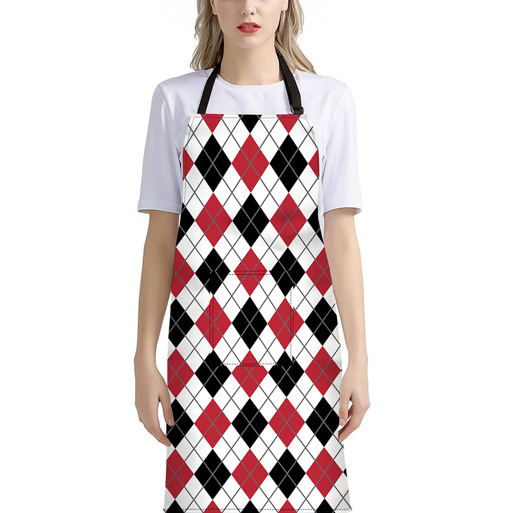 Red Black And White Argyle Pattern Print Bib Apron With Pocket