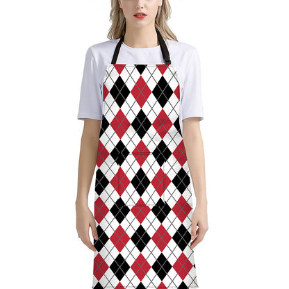Red Black And White Argyle Pattern Print Bib Apron With Pocket