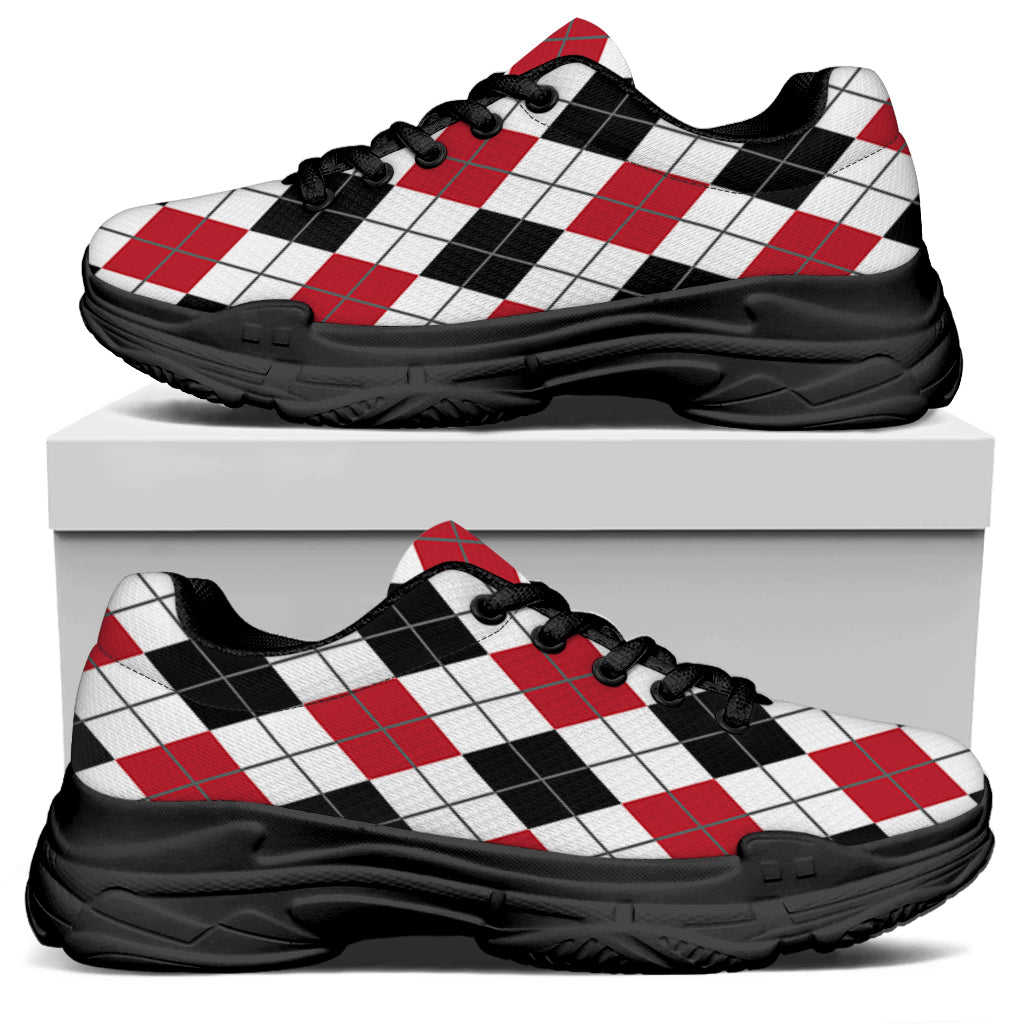 Red Black And White Argyle Pattern Print Black Chunky Shoes