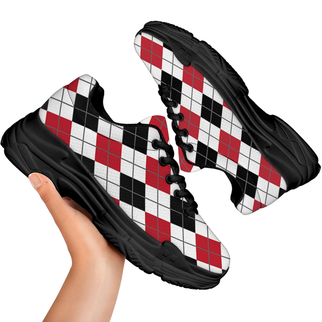 Red Black And White Argyle Pattern Print Black Chunky Shoes