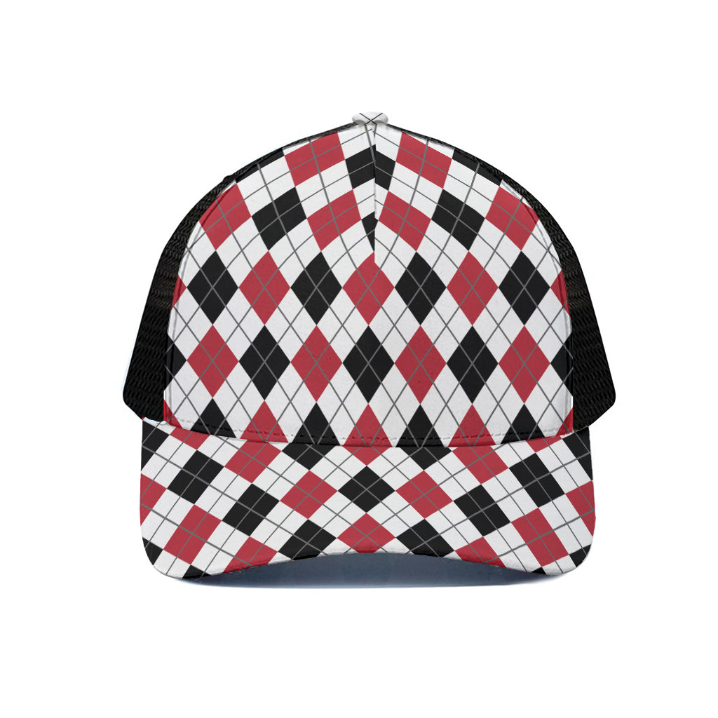 Red Black And White Argyle Pattern Print Black Mesh Trucker Cap