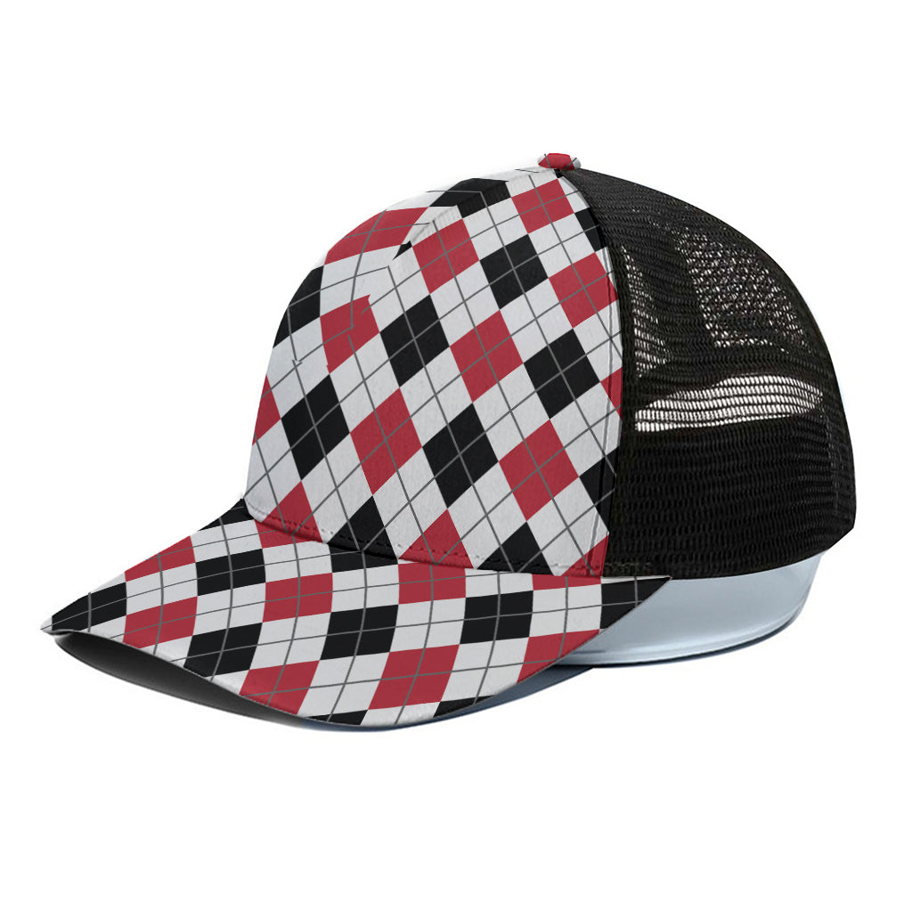 Red Black And White Argyle Pattern Print Black Mesh Trucker Cap