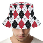 Red Black And White Argyle Pattern Print Bucket Hat