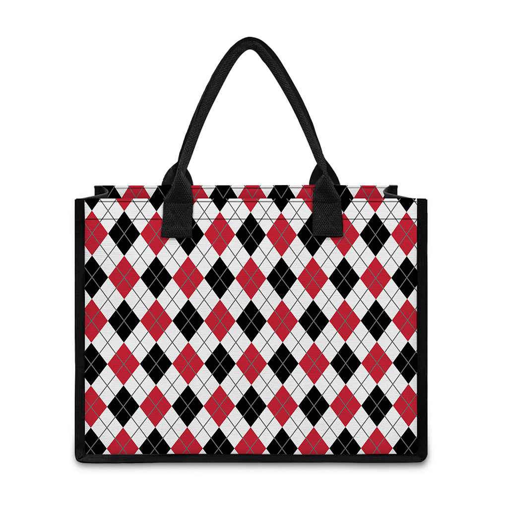 Red Black And White Argyle Pattern Print Canvas Tote Bag