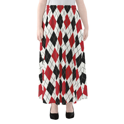 Red Black And White Argyle Pattern Print Chiffon Maxi Skirt