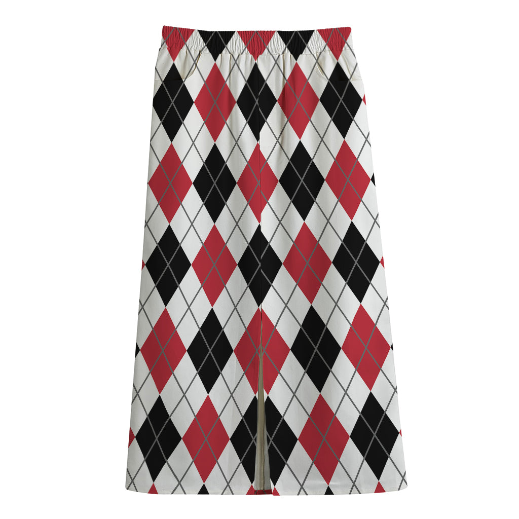 Red Black And White Argyle Pattern Print Cotton Front Slit Maxi Skirt