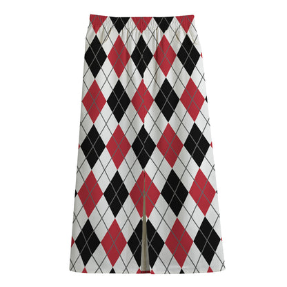 Red Black And White Argyle Pattern Print Cotton Front Slit Maxi Skirt