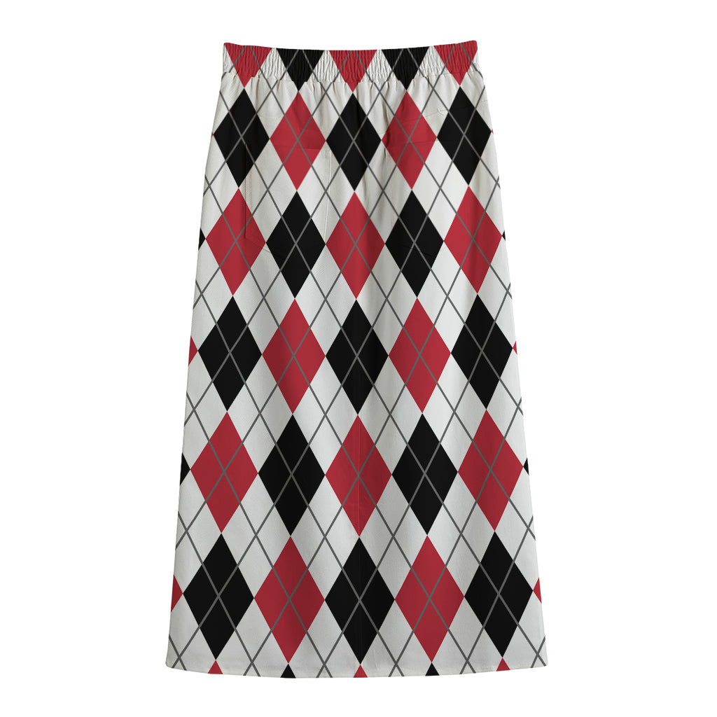 Red Black And White Argyle Pattern Print Cotton Front Slit Maxi Skirt