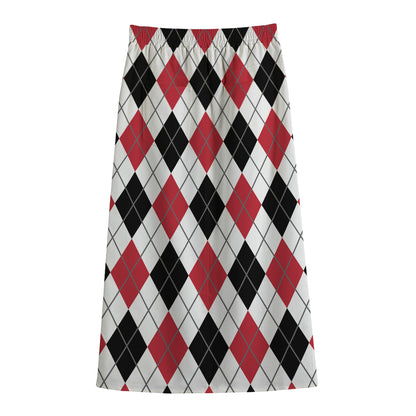 Red Black And White Argyle Pattern Print Cotton Front Slit Maxi Skirt