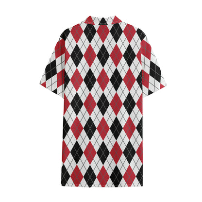 Red Black And White Argyle Pattern Print Cotton Hawaiian Shirt