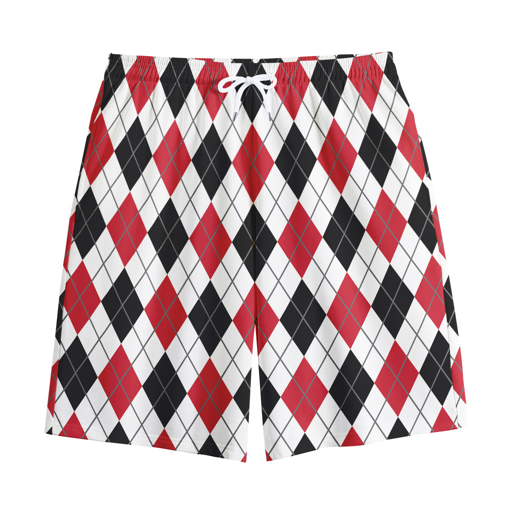 Red Black And White Argyle Pattern Print Cotton Shorts