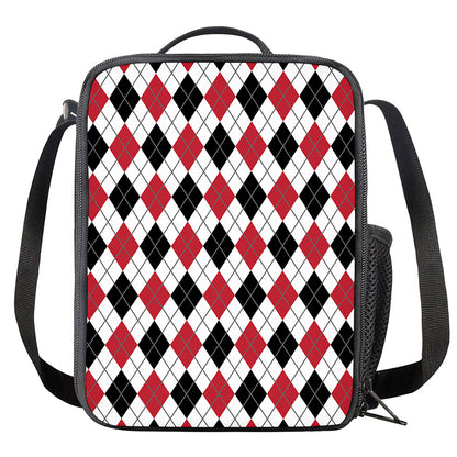 Red Black And White Argyle Pattern Print Crossbody Lunch Bag