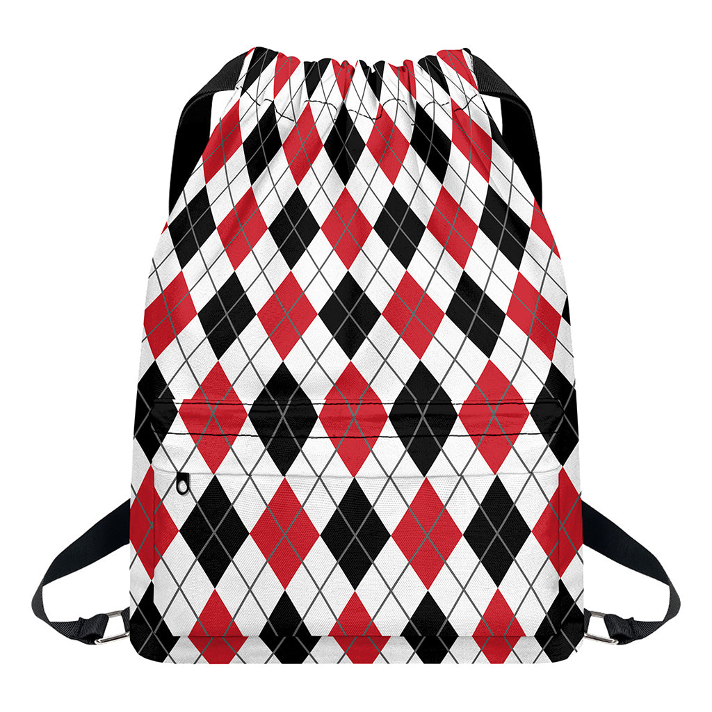 Red Black And White Argyle Pattern Print Drawstring Backpack