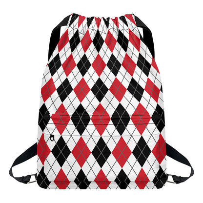 Red Black And White Argyle Pattern Print Drawstring Backpack