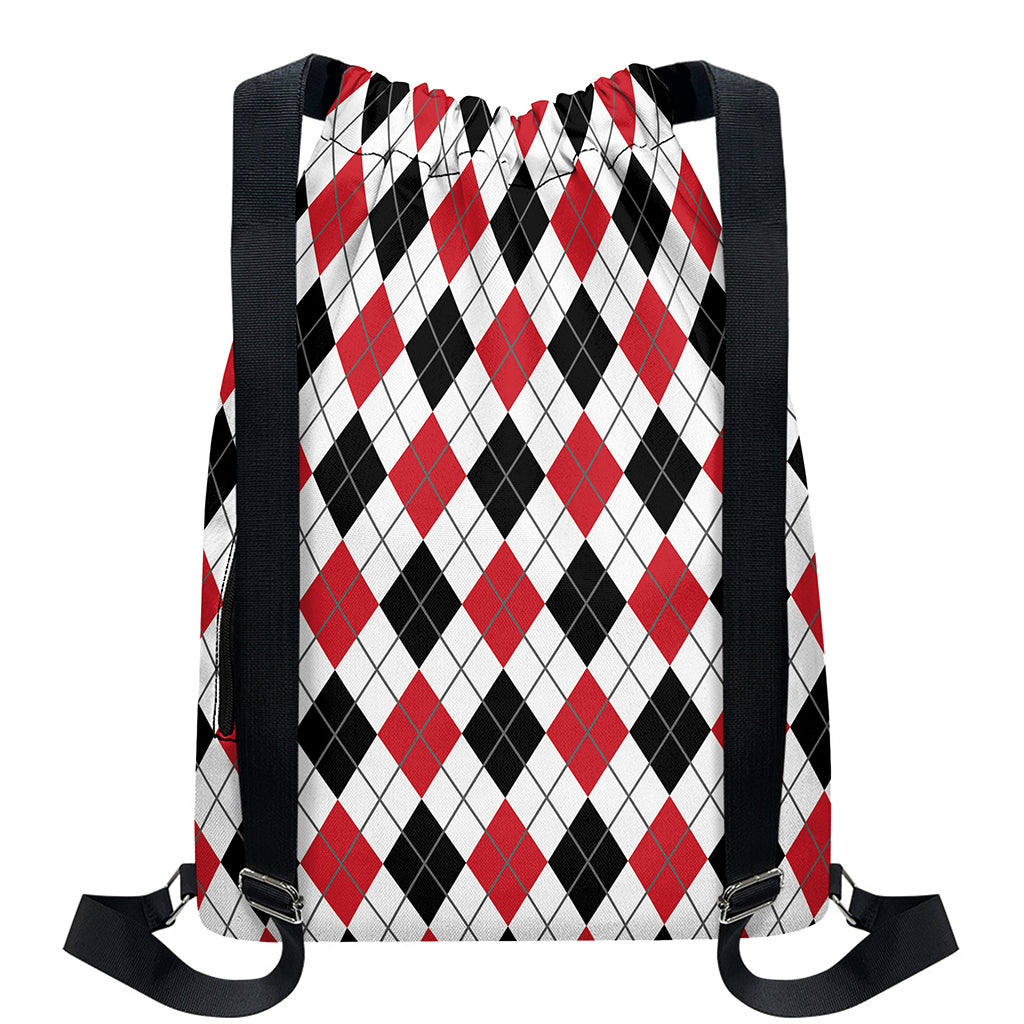 Red Black And White Argyle Pattern Print Drawstring Backpack