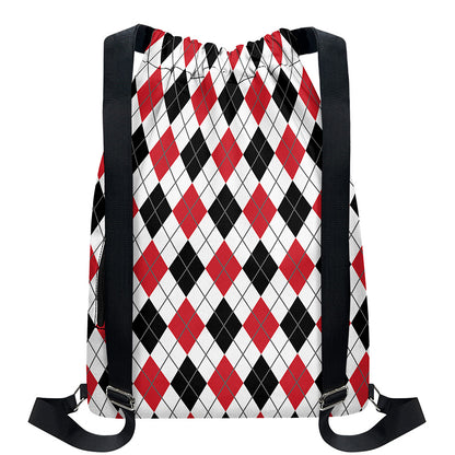 Red Black And White Argyle Pattern Print Drawstring Backpack