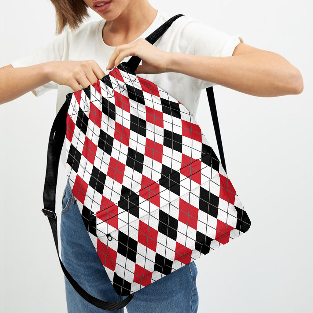 Red Black And White Argyle Pattern Print Drawstring Backpack