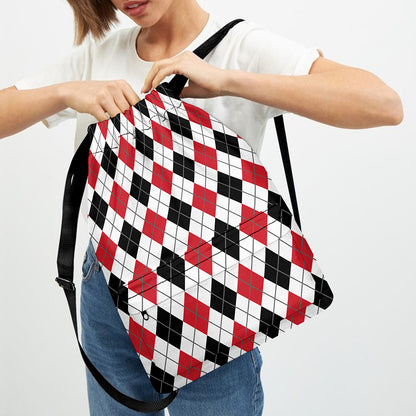 Red Black And White Argyle Pattern Print Drawstring Backpack