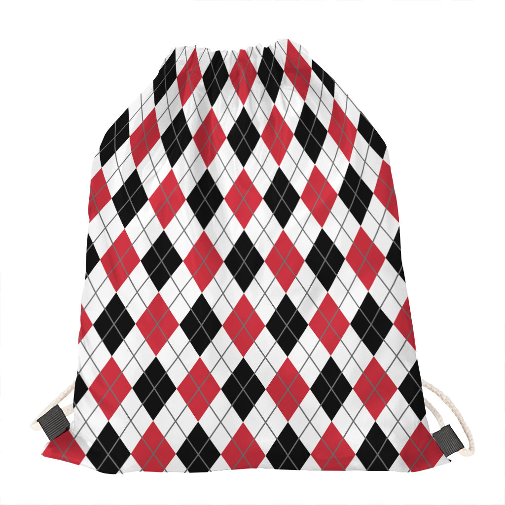 Red Black And White Argyle Pattern Print Drawstring Bag