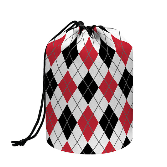 Red Black And White Argyle Pattern Print Drawstring Makeup Bag