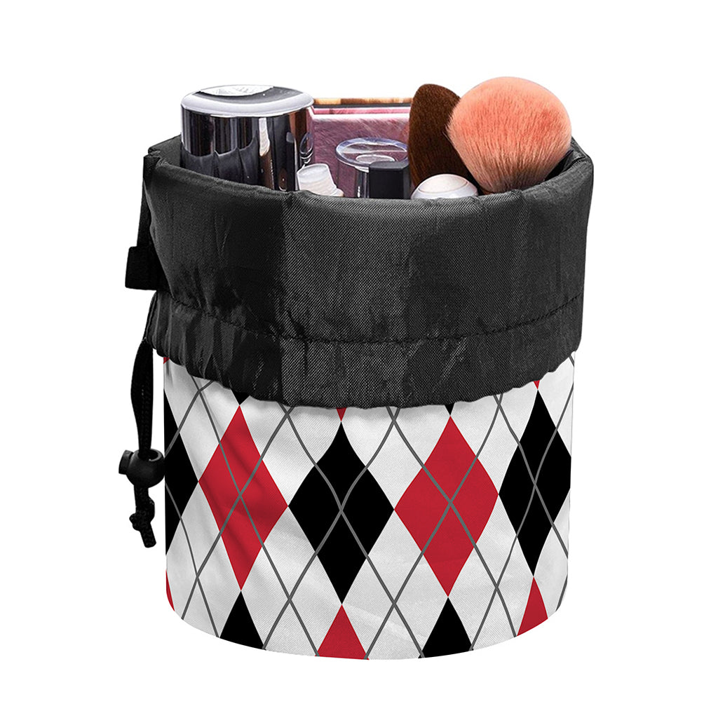 Red Black And White Argyle Pattern Print Drawstring Makeup Bag