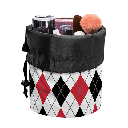 Red Black And White Argyle Pattern Print Drawstring Makeup Bag