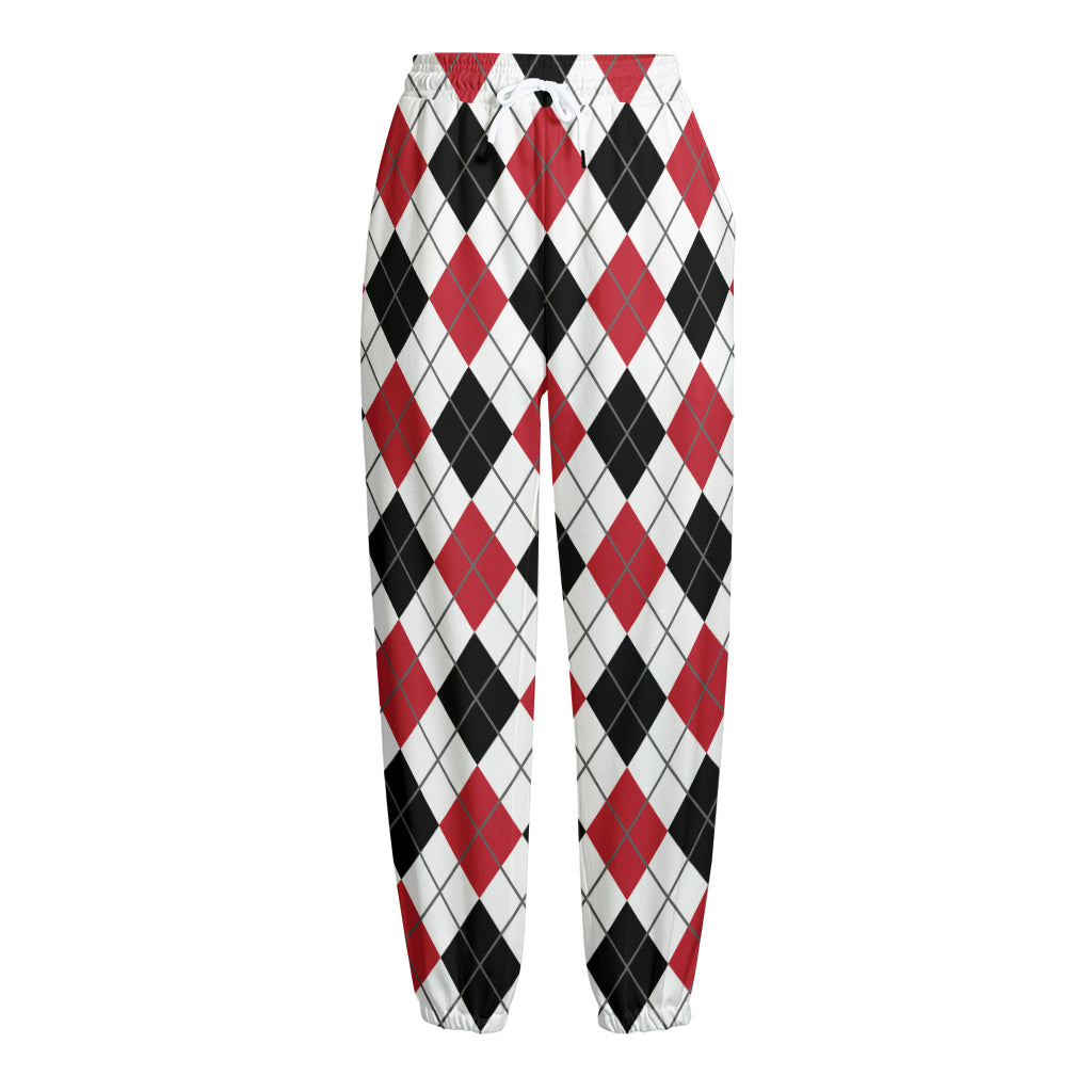 Red Black And White Argyle Pattern Print Fleece Lined Knit Pants