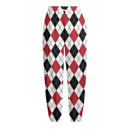 Red Black And White Argyle Pattern Print Fleece Lined Knit Pants