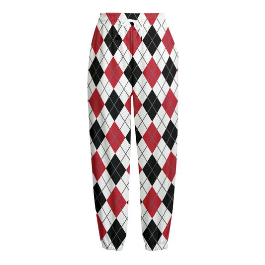 Red Black And White Argyle Pattern Print Fleece Lined Knit Pants