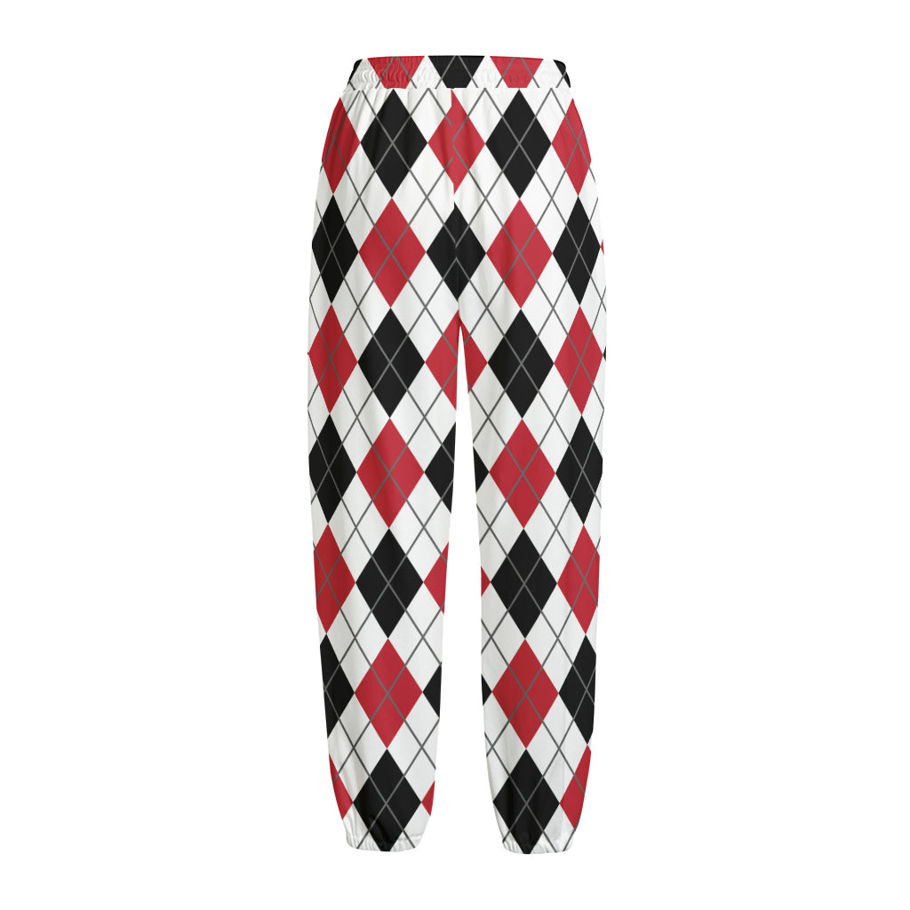Red Black And White Argyle Pattern Print Fleece Lined Knit Pants